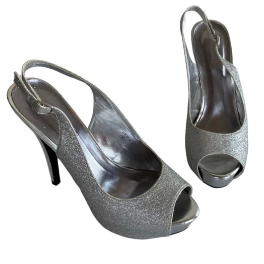 Michaelangelo Vice Peep-Toe Sling-Back Plaform Pumps Silver Glitter Heels Size 8